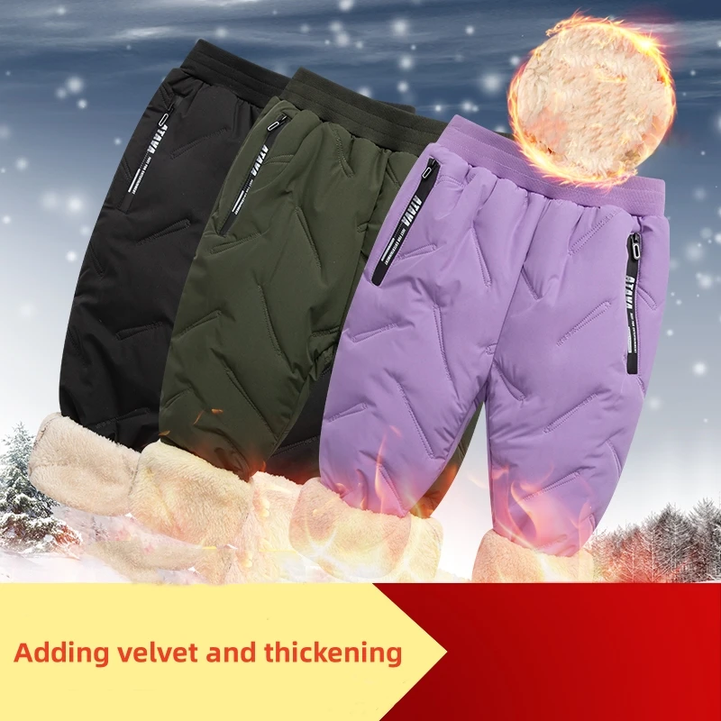 Dubbped Boys Girls Winter Pants Waterproof Cotton Padded Thick Warm Trousers Ski Pants Elastic Kids Fleece Pant Thick Clothes