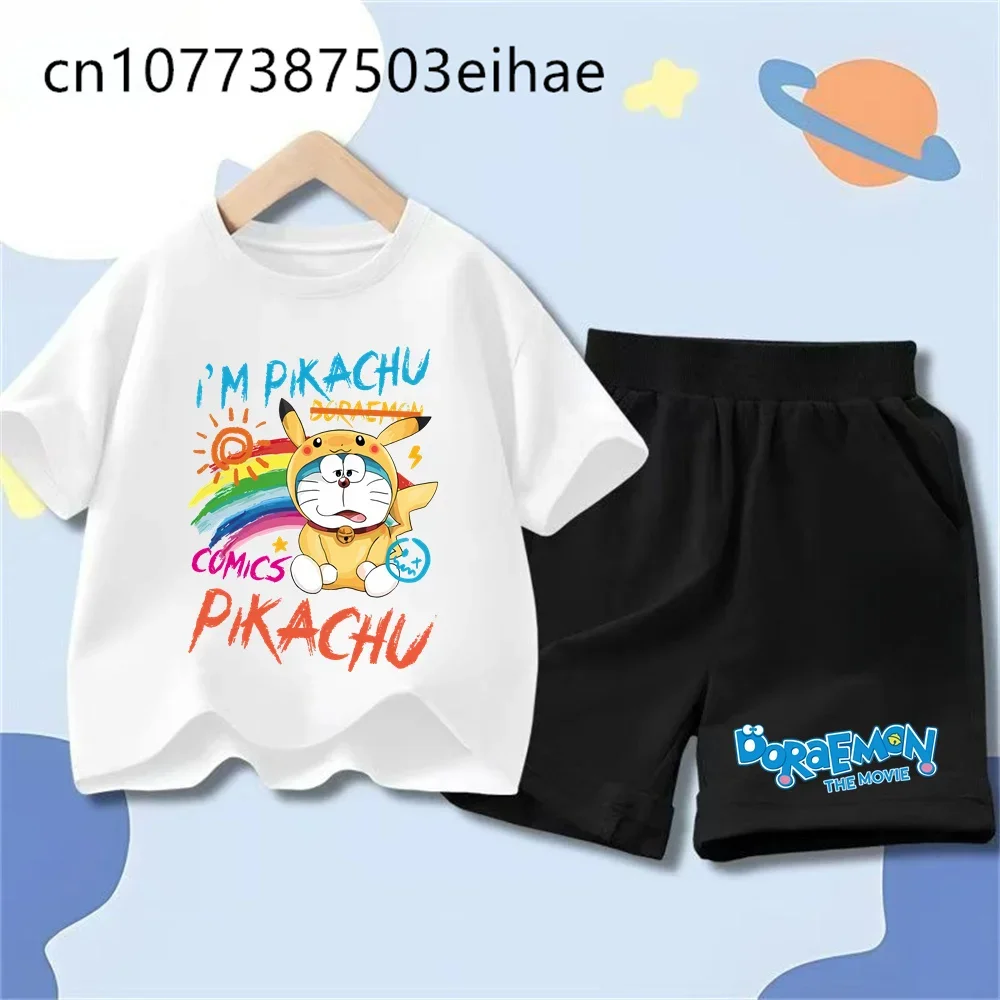 Doraemon Universal Boys Girls 2-Piece Suit Cute Cartoon Short Sleeve Top Elastic Shorts Summer Play Wear Birthday Party Gift