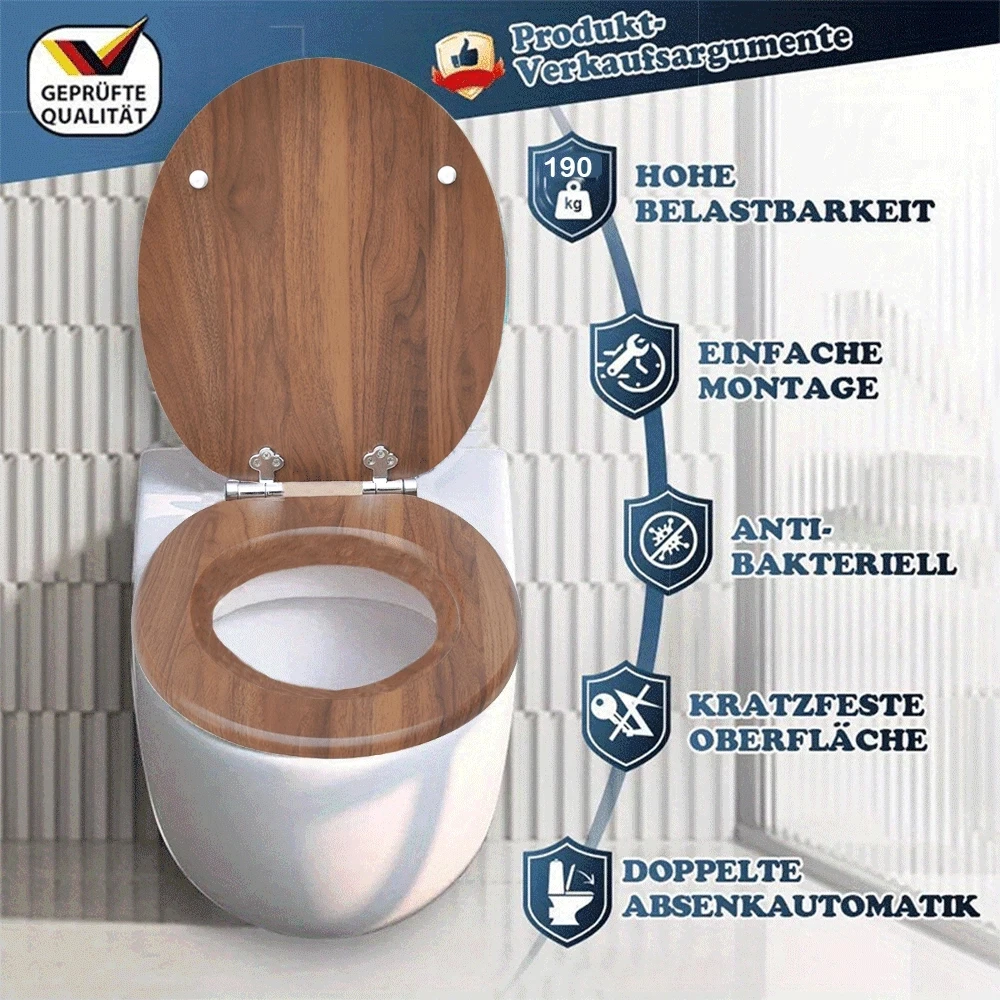 SAINOS WC-Sitz mit Soft-Close-Funktion, WC-Sitz aus Holz, universeller Toilettensitz, langlebiger, stabiler MDF-Toilettensitz, belastbar bis 190 kg, einfache Installation, Zinklegierungsscharnier, antibakteriell und leicht zu reinigen – Detail 2