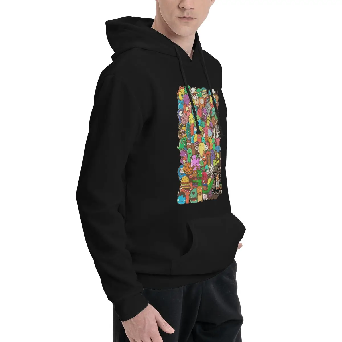 Colorful Doodle Characters Hoodie For Men Women Pullover Long Sleeve Sweatshirts Drawstring Hooded Shirt with Kanga Pocket