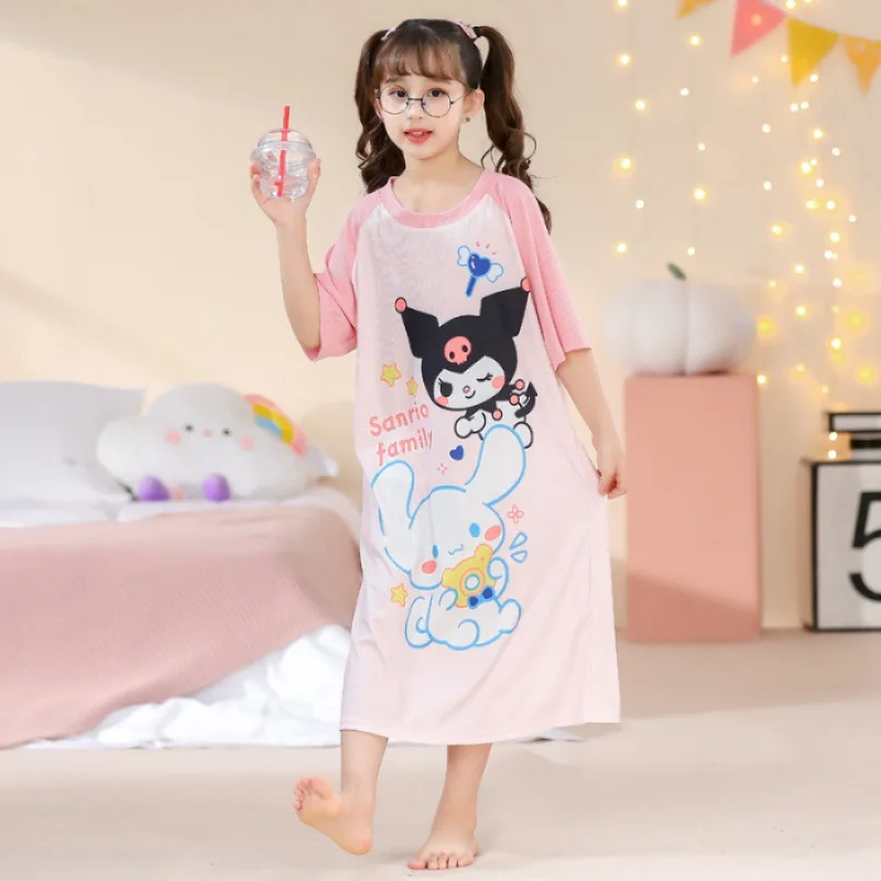 Girls' Ice Silk Cotton Thin Short-sleeved Nightgown Sleepwear Kids' Pajamas Robe Children's Clothing Mother