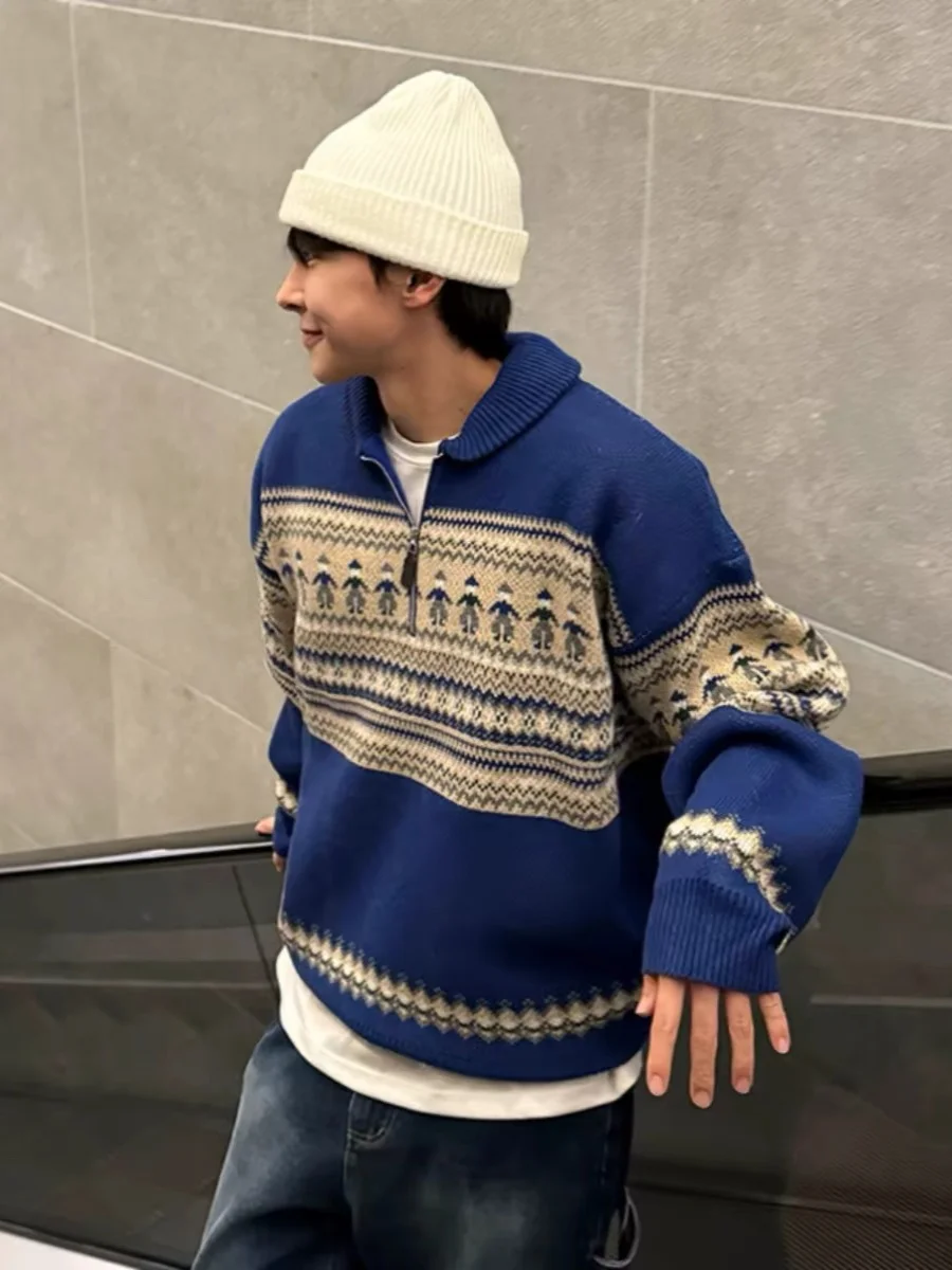 

Американский ретро Fair Isle красный новогодний вязаный свитер мужской ленивый свободный воротник на молнии свитер