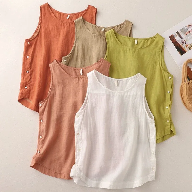 Casual Cotton Linen Vest Women's Summer Loose Simple Orange Tank Top O-Neck Side Button Design Solid Pullover Sleeveless T-shirt