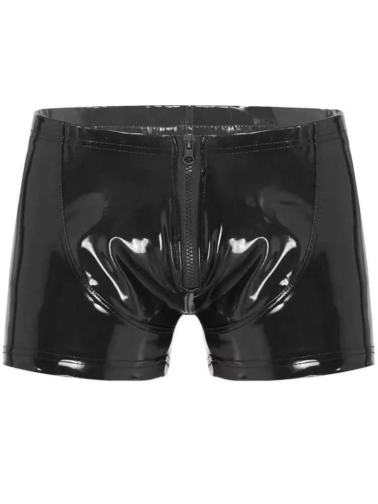 S-5XL Wet Look PVC Mens Boxer Briefs Shiny PU Leather Shorts Zipper Trunks Tight Hot Sexy Boxershorts Calzoncillos Mini Bermudas