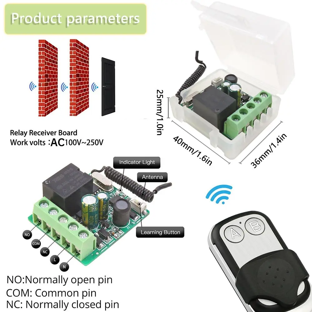 433Mhz Wireless Remote Control Switch AC 220V 1CH Remote Control Relay Receiver Have Common Pin and Rf Transmitter,for Fan Light