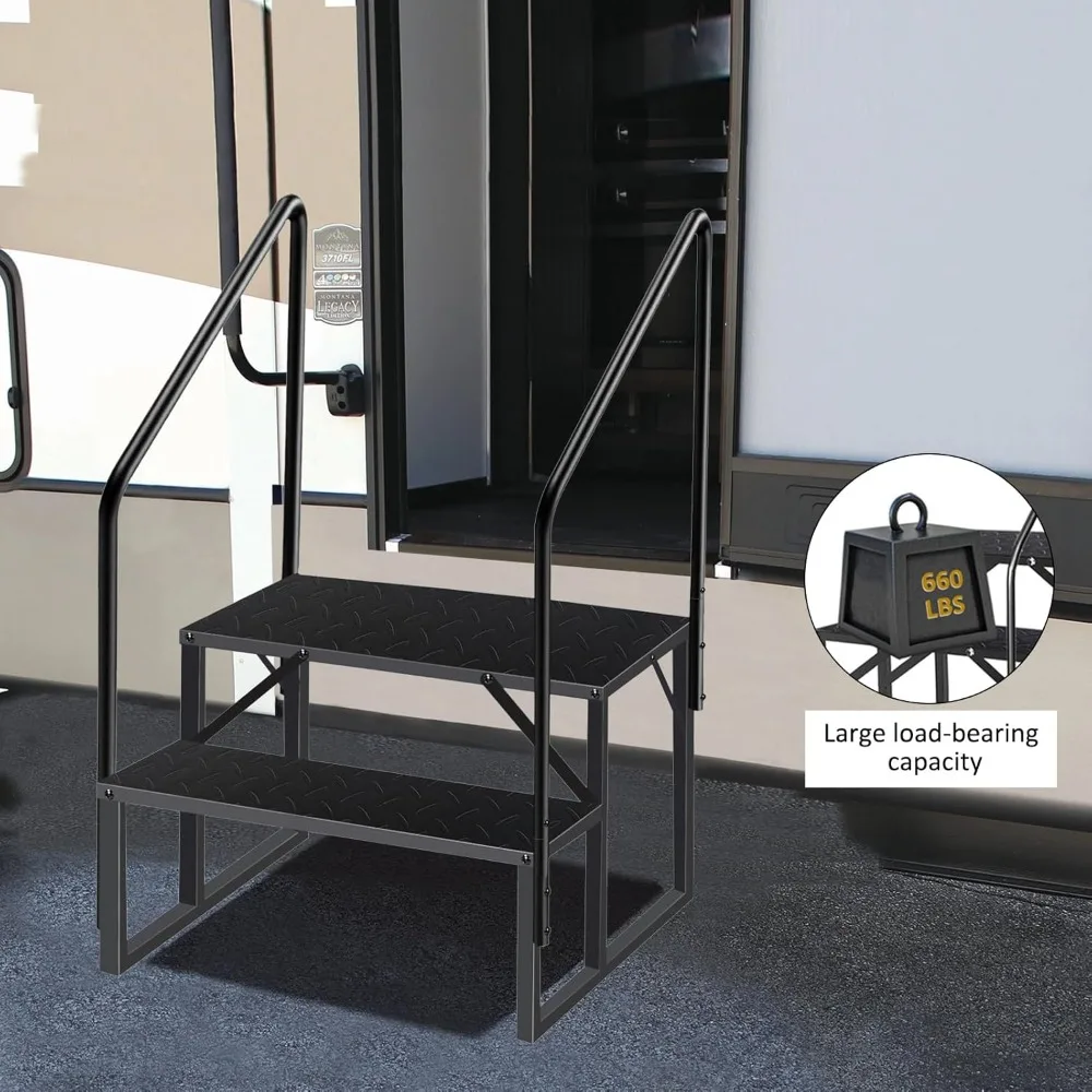 خطوات RV مع درابزين، سلالم RV بخطوتين سعة تحميل 660 رطل، سلم متدرج مع لوحة مضادة للانزلاق، سلالم منزلية متنقلة للسفر #5