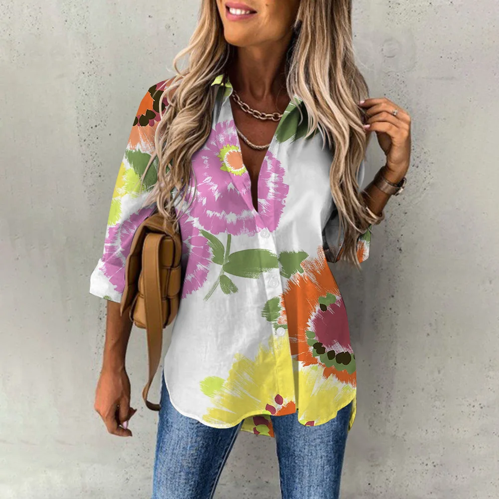 Women's New Single Breasted Lapel Shirt Bohemian Style 3D Sunflower Printed Casual Long Sleeve Shirts Beach Women's Clothing