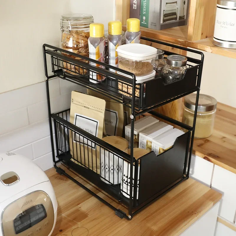 Under The Kitchen Sink Storage Rack Drawer Type Can Be Pushed and Pulled Cabinet Telescopic Double Shelf