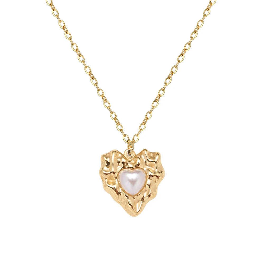 Stainless Steel Plated 18K Gold Irregular Lava Tin Foil Pearl Heart Pendant Necklace Women Luxury Charm Anniversary Jewelry
