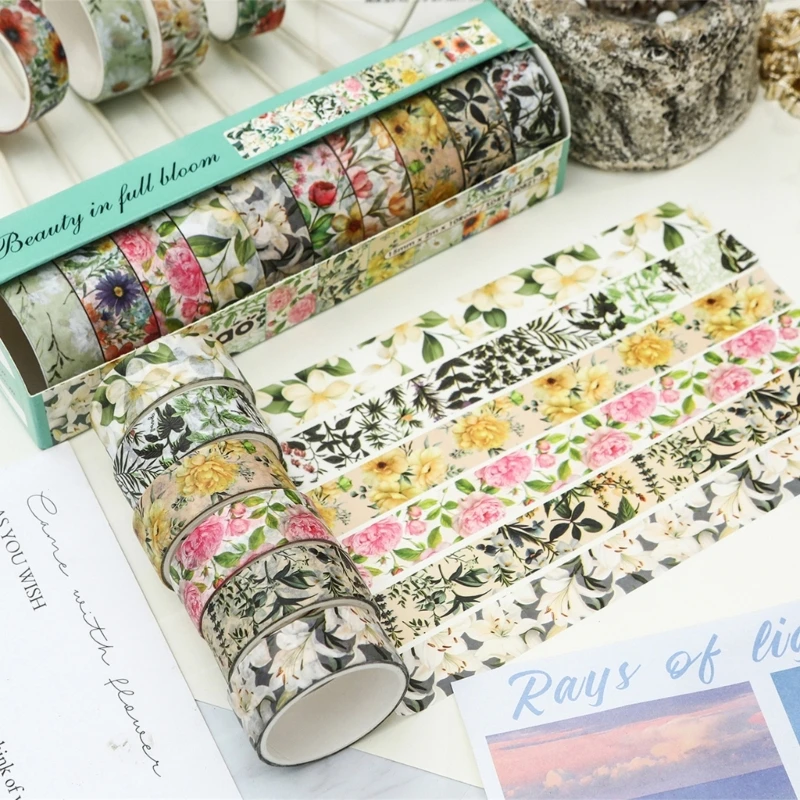 10Pieces Aesthetic Flower Pattern Tape Background Masking Tape Scrapbooking Decorative Tape for Notebook Journal Planner D2RC