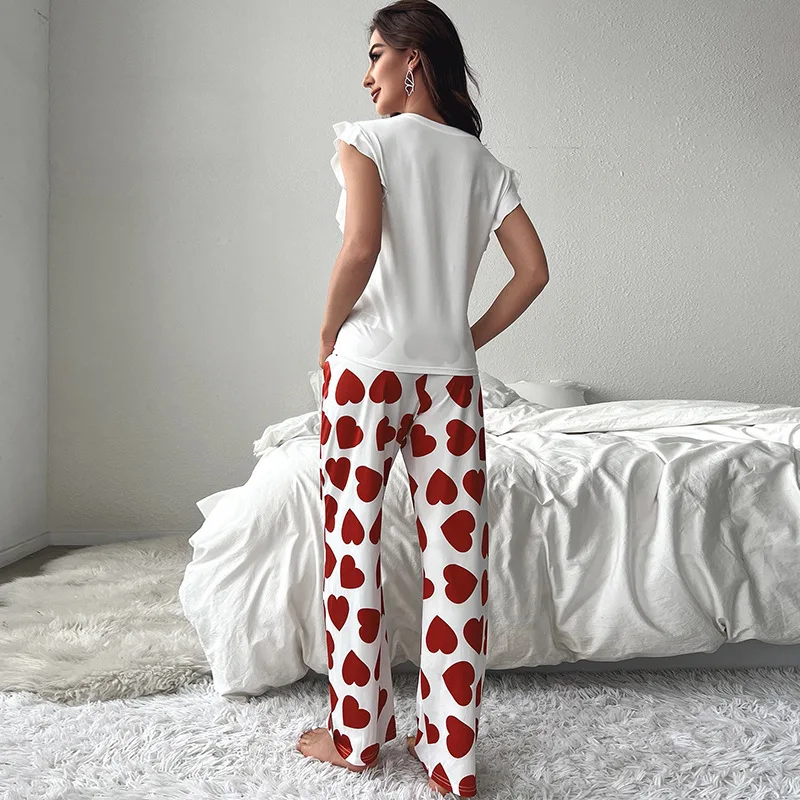 2024 White T-Shirt Women\'s Pajama Set Sexy Fly Sleeve Vest Pants Sleepwear Heart Print Casual Pyjamas Loungewear Spring 2-piece