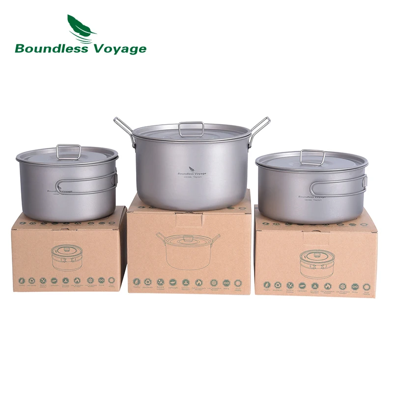 Boundless Voyage Outdoor Camping Titanium Pot Pan Kettle Set Travel Portable Cookware Steamer Pot Cooking Mess Kit for 1-4 Man 