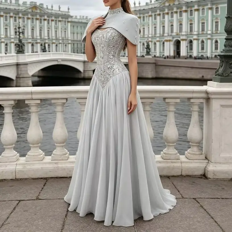 Customized Strapless Beaded A-line Evening Gown for 2026 with Small Cape and Pleated Slim Fit Ball Dress Suitable for Weddings
