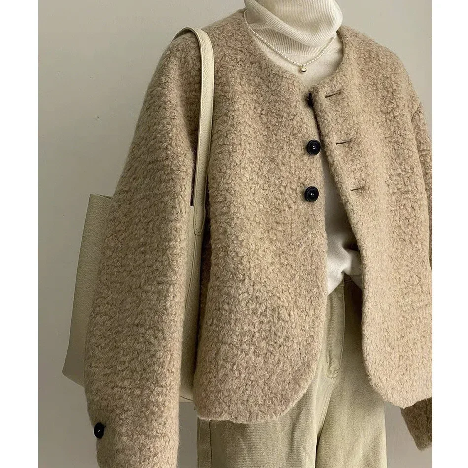 Korean Style Women's Cropped Jacket Spring Autumn Winter Lambswool Milk Tweed Style Age-reducing Petite Milk Tan Top