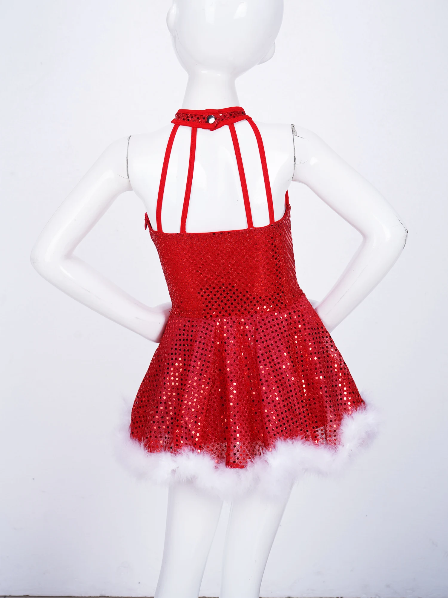 Kids Girls Sequins Christmas Costume Snowman Cosplay Feathers Trim Xmas Party Figure Skating Dance Tutu Dress Ballet Leotard