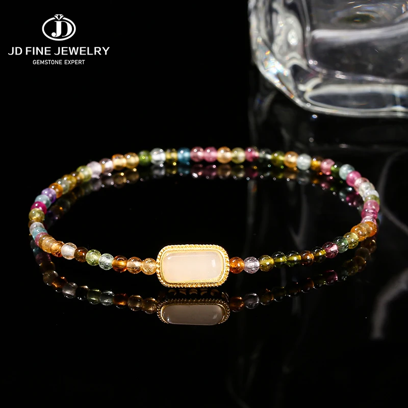 

JD 8A Natural Ice Rainbow Tourmaline Square Copper Inlaid Jade Beaded Bracelets Women Elegant 3mm Bead Thin Energy Bracelet Gift