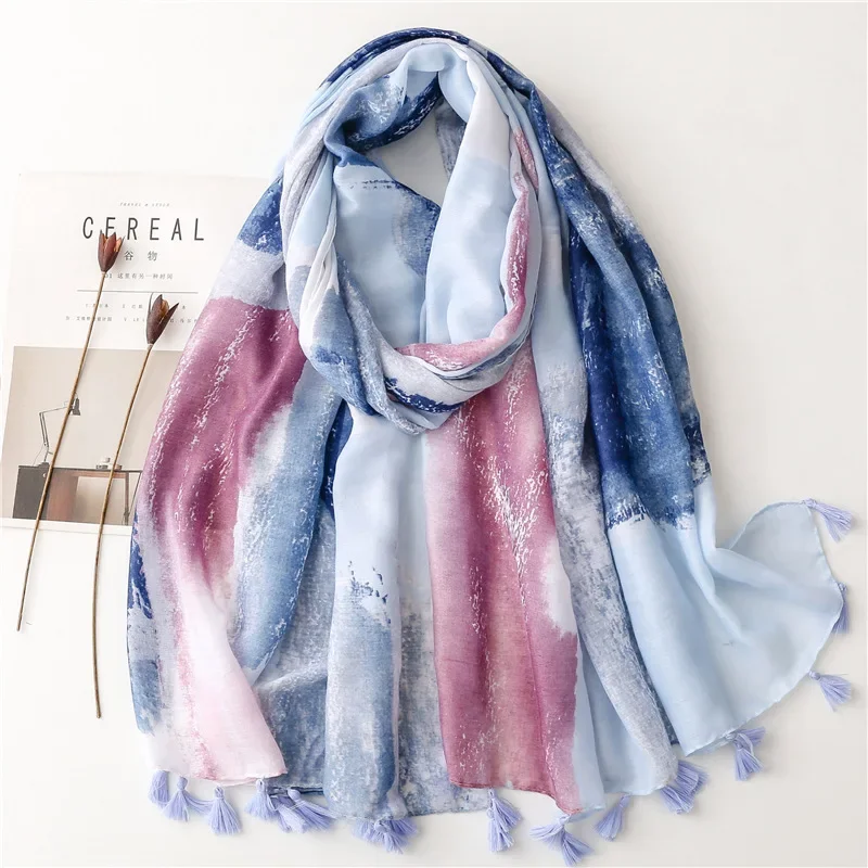 New Fashion Spring Unique Blue White Blend Color Printed Cotton Viscose Shawls High Quality Long Large Beach Cover Scarf Women