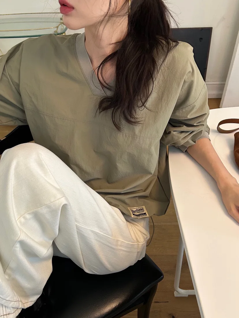 

Женская тонкая толстовка Slim Fit с длинным рукавом в американском ретро-стиле, с V-образным вырезом, свободным кроем и завязками на талии, в корейском стиле