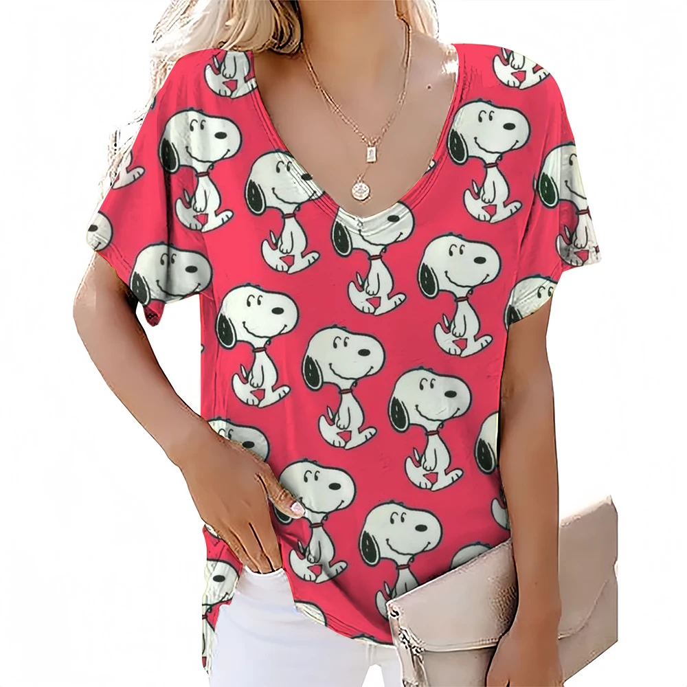 Women\'s T-shirt Snoopy print T-shirt Summer V-neck short sleeved T-shirt Large Women\'s Harajuku Street Summer Popular T-Shirt ﻿