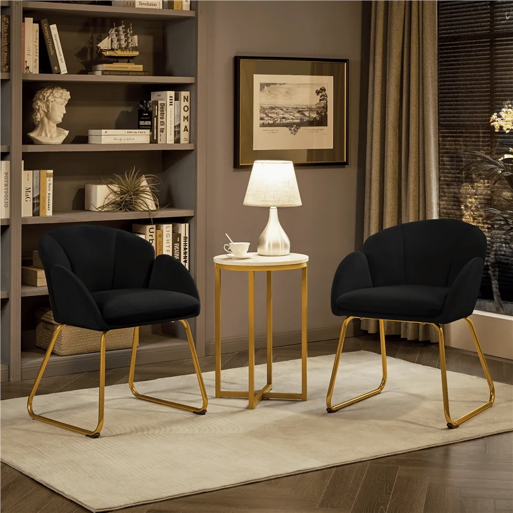 

1PC Modern Velvet Vanity Accent Armchair Gold Metal Legs Flower Shape Seat Flared Backrest, SpaceSaving FloorProtect Chair For