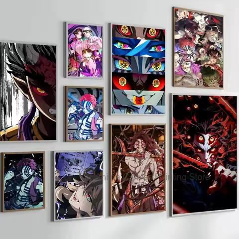 D-Demon Slayer Poster Akaza Anime Wallpaper Figures HD Kokushibo Decor Home Decoration Muzan Kibutsuji Kid Gift