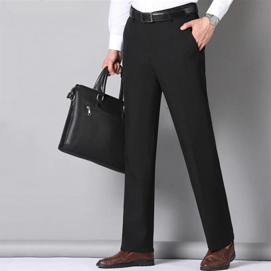 Suit Pants Men Business Casual Trousers Formal Dress Straight Pants Elastic Black Navy Blue Male Clothing