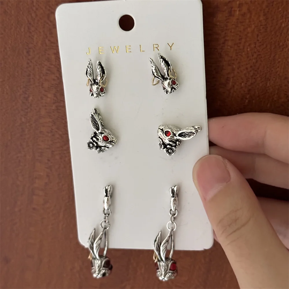 

3Pair Vintage Silver Plated Red Eye Rabbit Earrings for Women Men Unisex Animal Earrings Party Jewelry Accessories Gifts