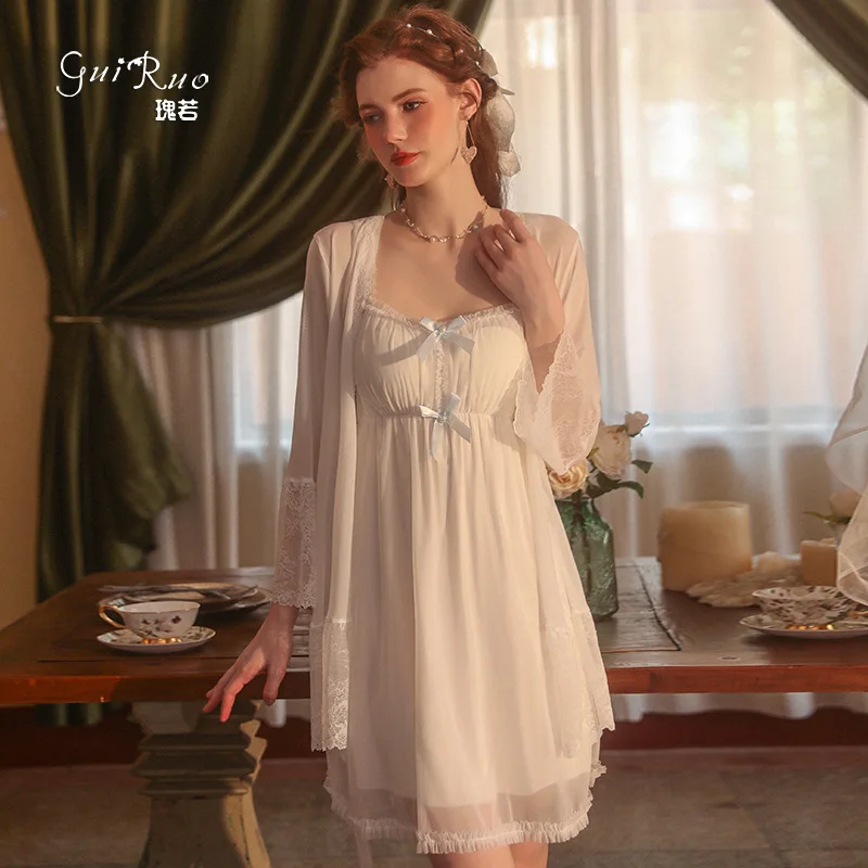 

Perspective Female Robe Set Lace Kimono Nightdress Sleepwear Summer Bathrobe Nightgown Suit Women Hollow Out Home Wear Clothing