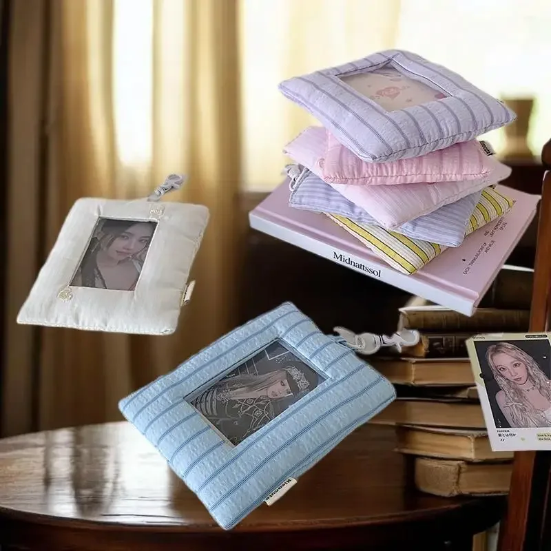 Dopamine Cute Padded Stripe Love Card Holder Photocard Holder Idol Photo Display Storage Protect Cover Keyring Pendant Bag Charm