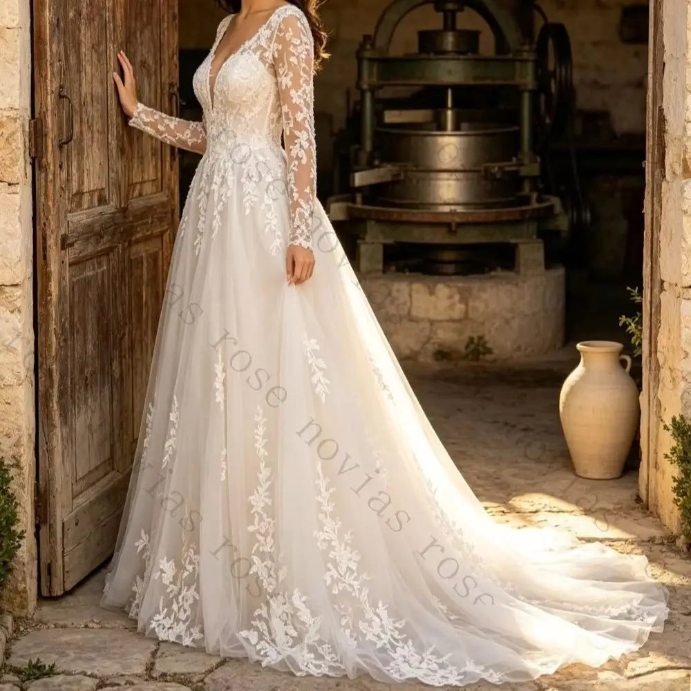 Customized Bohemian Deep V-neck Long Sleeved Lace Wedding Dress 2026 Applique Chiffon Ruffled Bridal Gown Suitable for Gardens