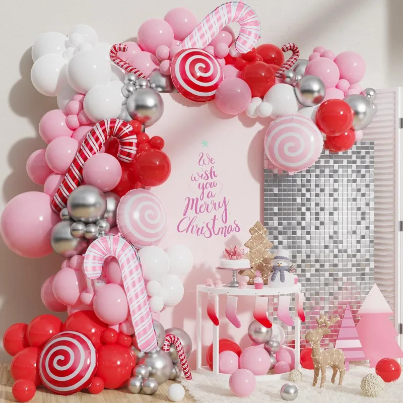 

2 Sets Christmas Theme Pink Red Latex Balloon Set Candy Cane Foil Balloon Garland Arch For Christmas Party Decoration