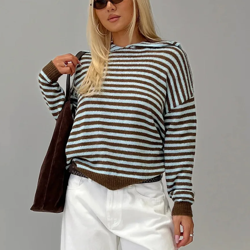 

hirigin Women Striped Knit Sweater Y2K Collared Neck Long Sleeve Pullover Top Color Block Loose Sweatshirts Preppy Knitwear