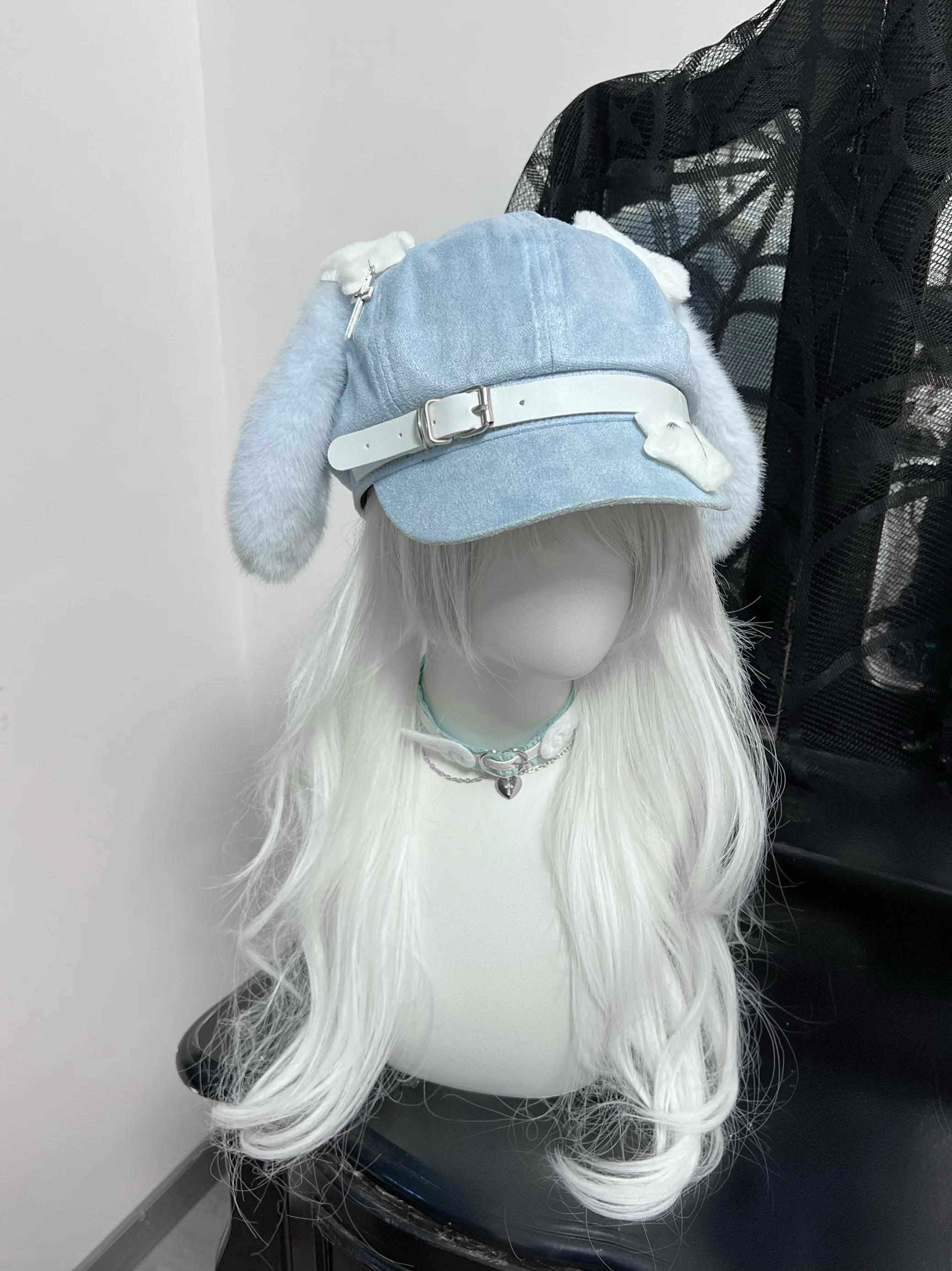 Boina azul gótica Harajuku Lolita para mujer japonesa, sombrero con orejas de cachorro, boina subcultura, sombrero Y2K de estrellas individuales bonitas