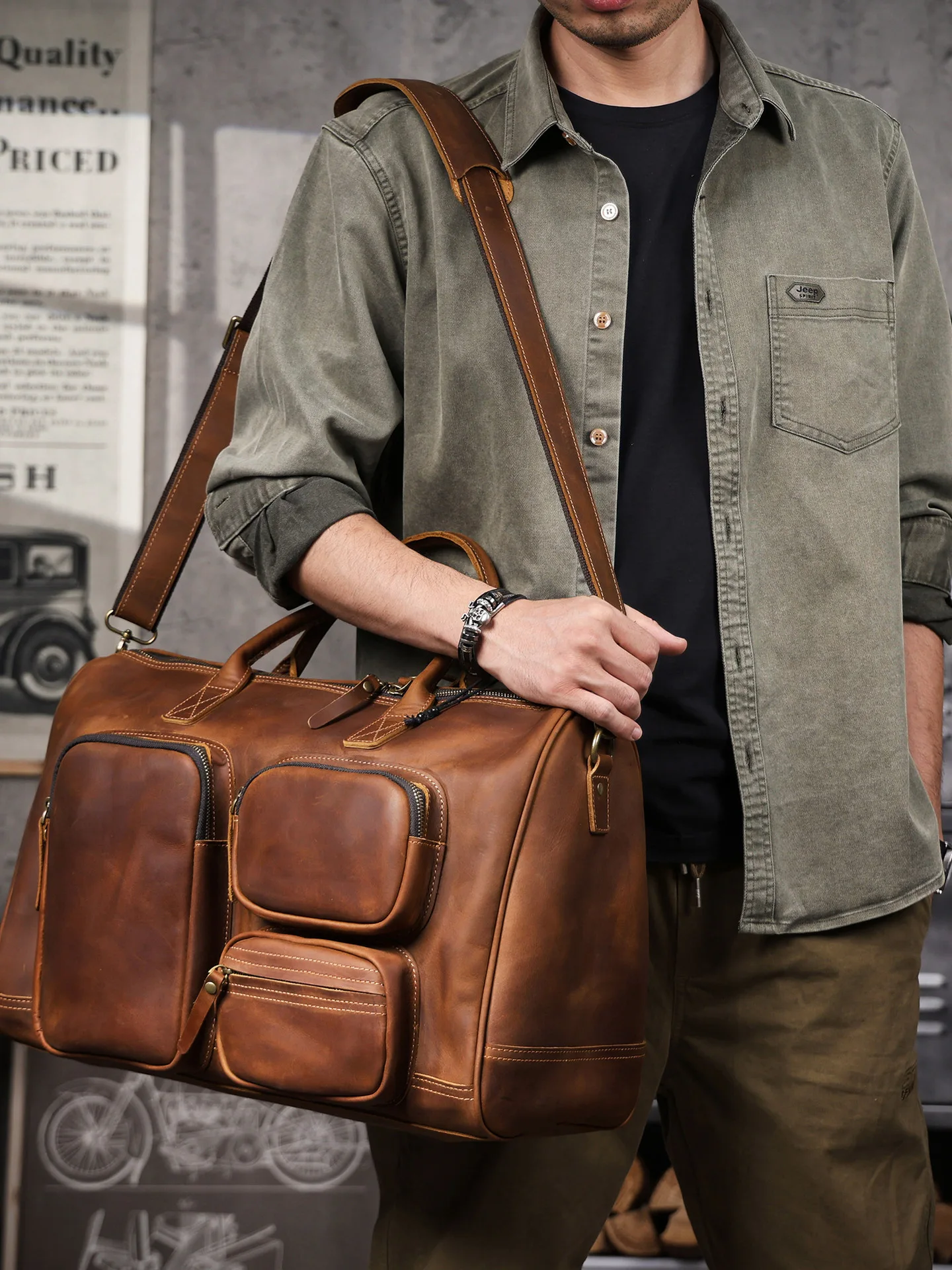 casual vintage crazy horse cowhide men's large-capacity travel bag luxury high-quality genuine leather multi-pocket handbag