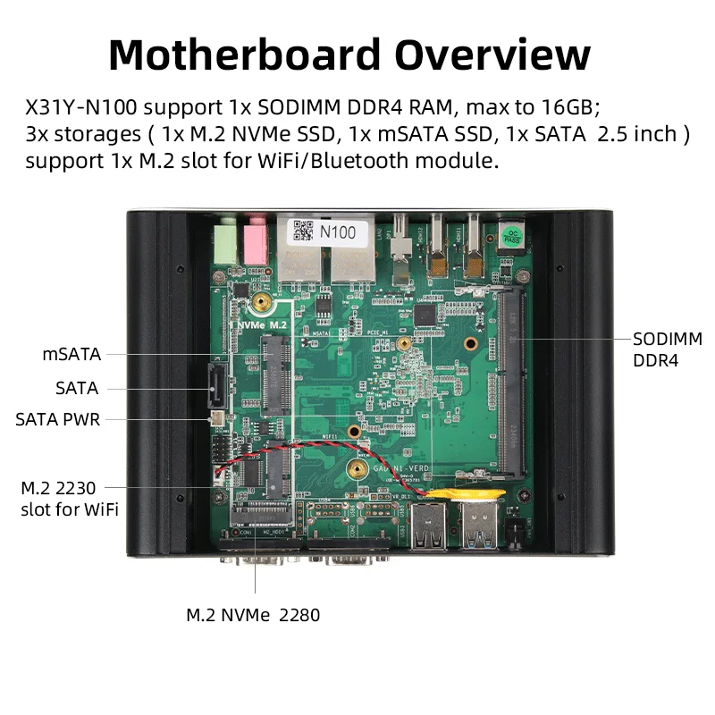 Мини-ПК без вентилятора, Intel N100 DDR4 MSATA/M.2 NVMe/2,5 дюйма SATA 2x Gigabit Ethernet 2x DB9 RS232 2x HDMI2.0 DP WiFi Windows Linux