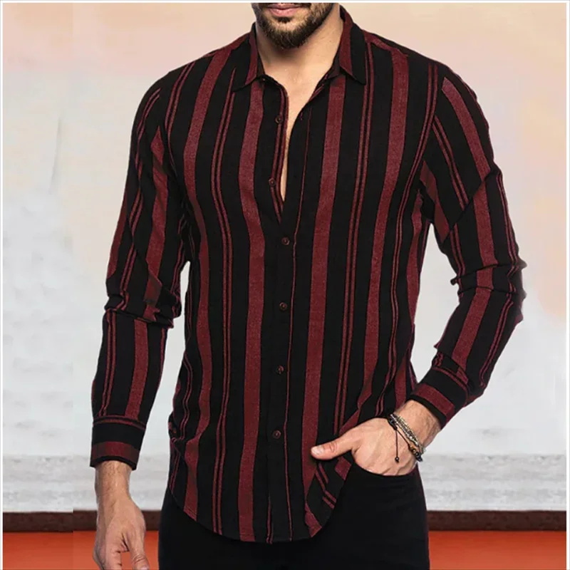 Striped business men\'s shirts for daily wear, weekend outings, spring and summer lapel long-sleeved XS-6XL high quality shirts