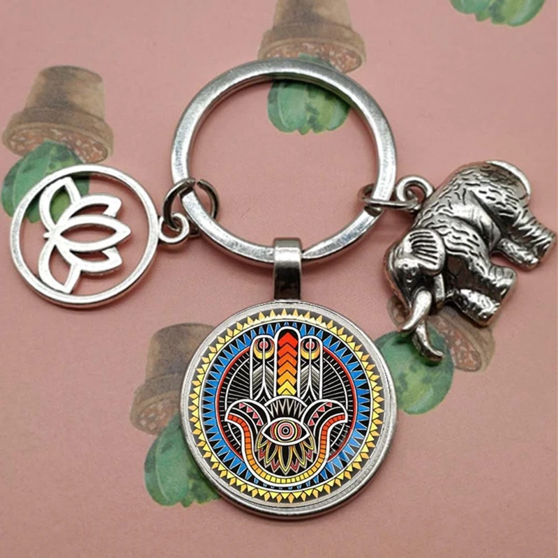 Charm fashion tribal ethnic keychain unique bohemian gift glass cabochon keychain lotus jewelry hand elephant car keychain gift