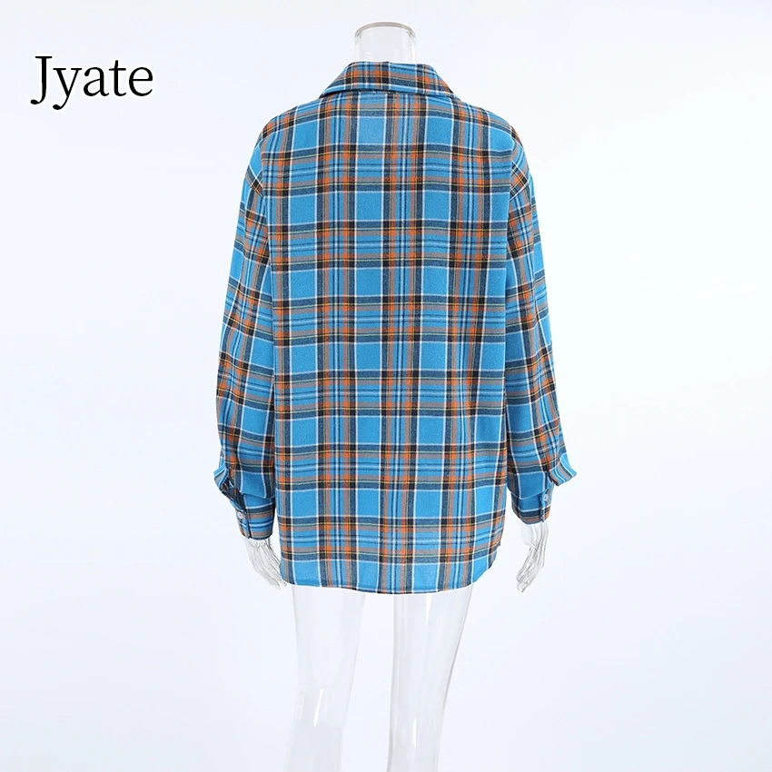 Jyate 2024 Fashion Streetwear Blue Plaid Shirts Women Casual Long Sleeves Lapel Blouses And Tops Oversize Office Ladies Shirt