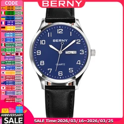 BERNY Men Quartz Watch Miyota 2105 Date Calendar Genuine Leather Classic 3ATM Waterproof Male Dress Business Wristwatch