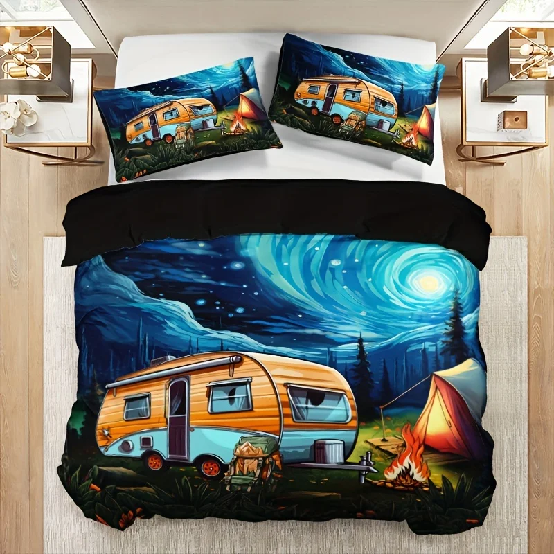 Cartoon RV Print Camping Theme Duvet Cover Set - Soft Comfortable Bedding for Bedroom And Guest Room