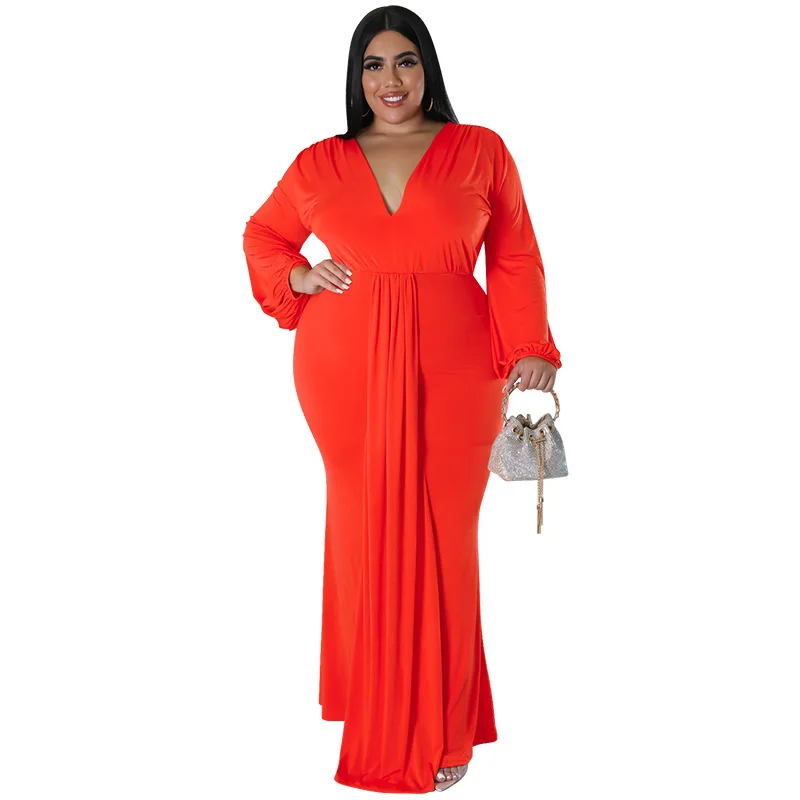 Women's solid sexy deep V-neck long sleeve pleated plus size dress new product