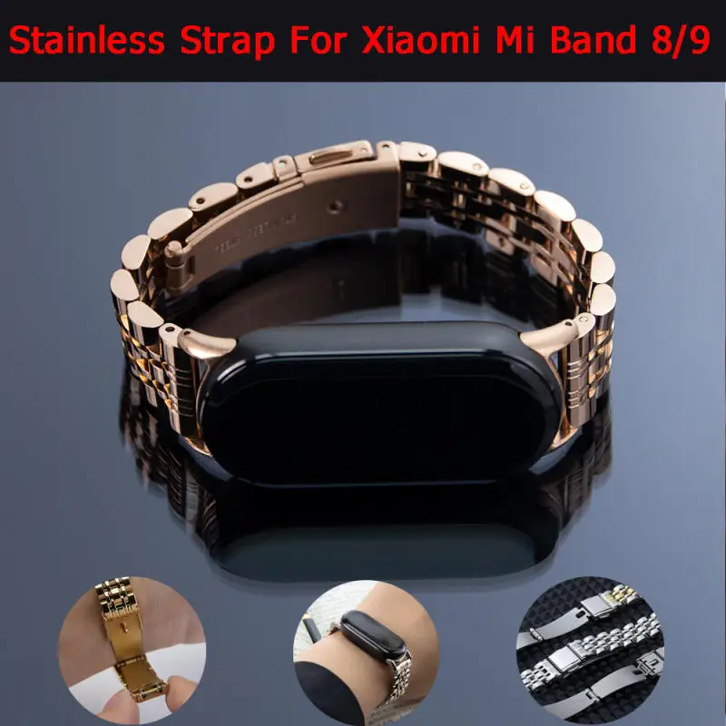 Pulseira de aço inoxidável para xiaomi mi band 8 pulseira de metal para xiaomi mi band 9 banda substituível smartwatch correa acessórios