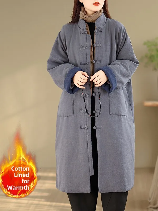 معطف Theened القطني Jaet Zen Sle متوسط الطول للرجال البوذي ملابس خارجية شتوية كورية فضفاضة طويلة Sve مستديرة Ne