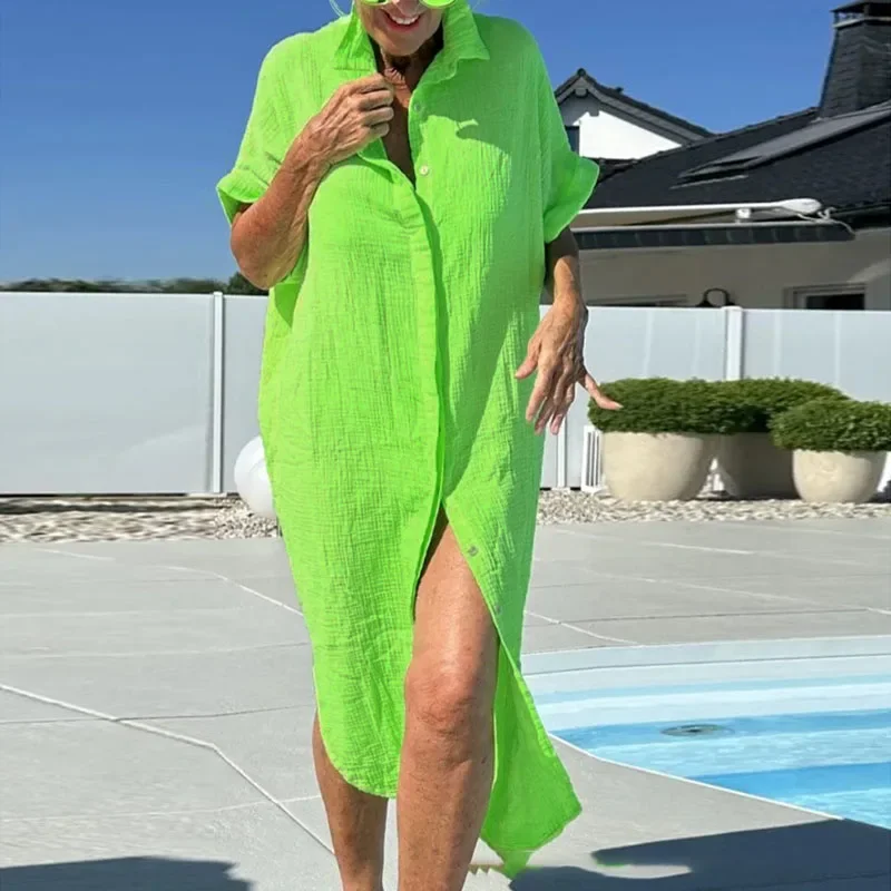 عطلة الشاطئ عادية الصلبة شق فستان طويل امرأة الربيع واحدة الصدر التلبيب قميص فستان الصيف قصيرة الأكمام فستان فضفاض الإناث