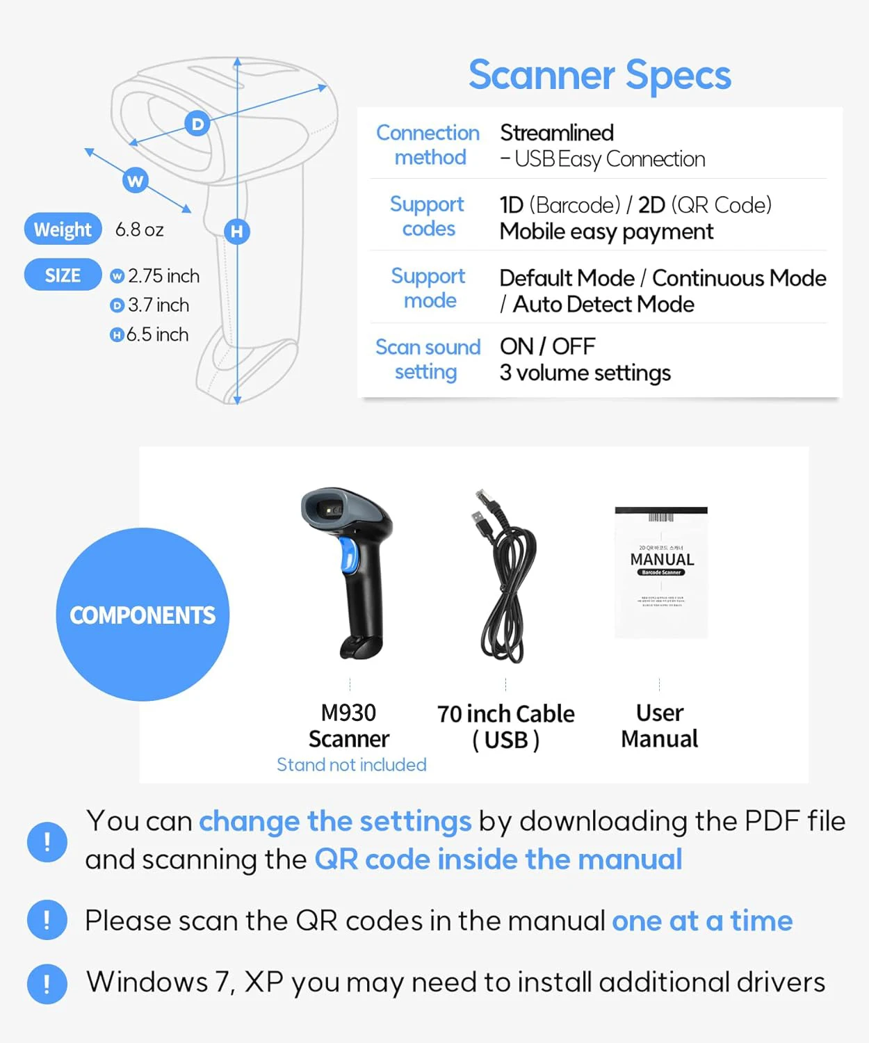 Barcode QR Code Scanner USB M930 2D Reader for Retail POS Library, Store, Supermarket, Medical, Warehouse