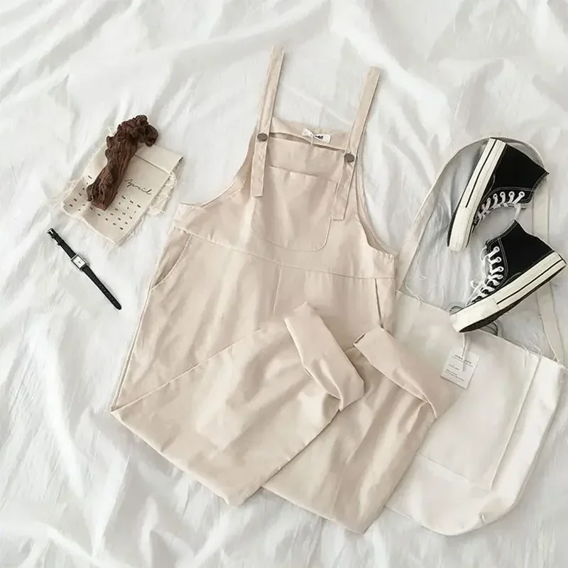 Jumpsuits Women Spring Strap Button Ankle-length Solid Harajuku BF Loose Kawaii Wide-leg Students Womens All-match Trendy Chic