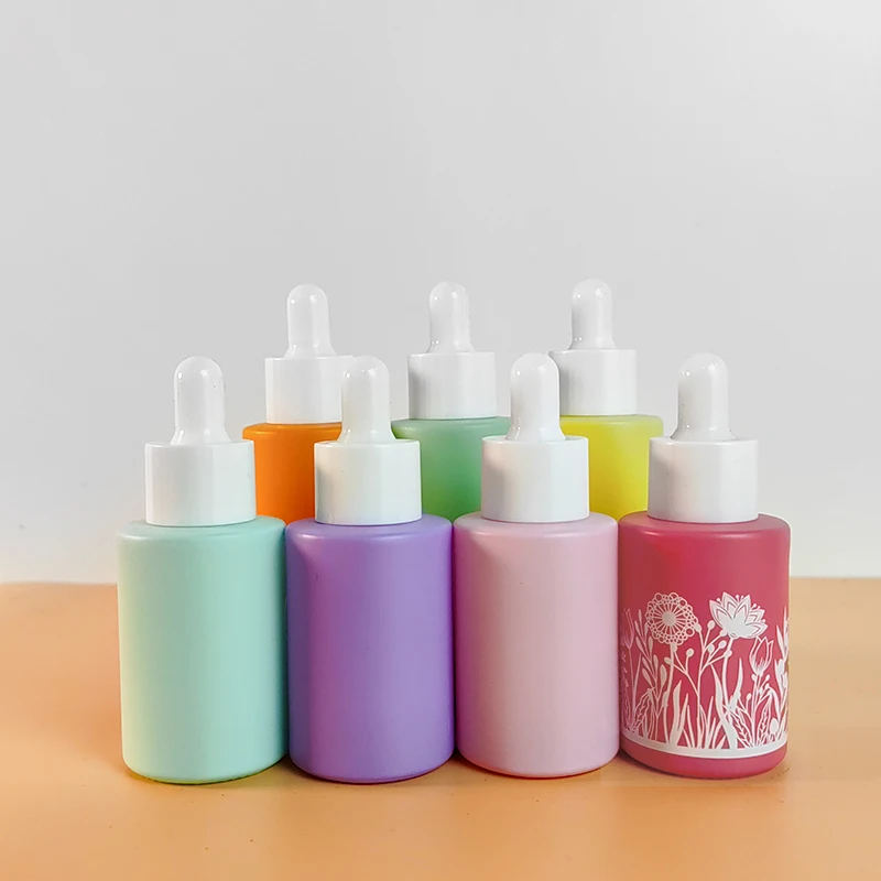 

Wholesale 30ml Pink Green Blue Frosted Glass Bottles with Pipette Cosmetic Dropper Bottle Travel Portable Empty Container Vial