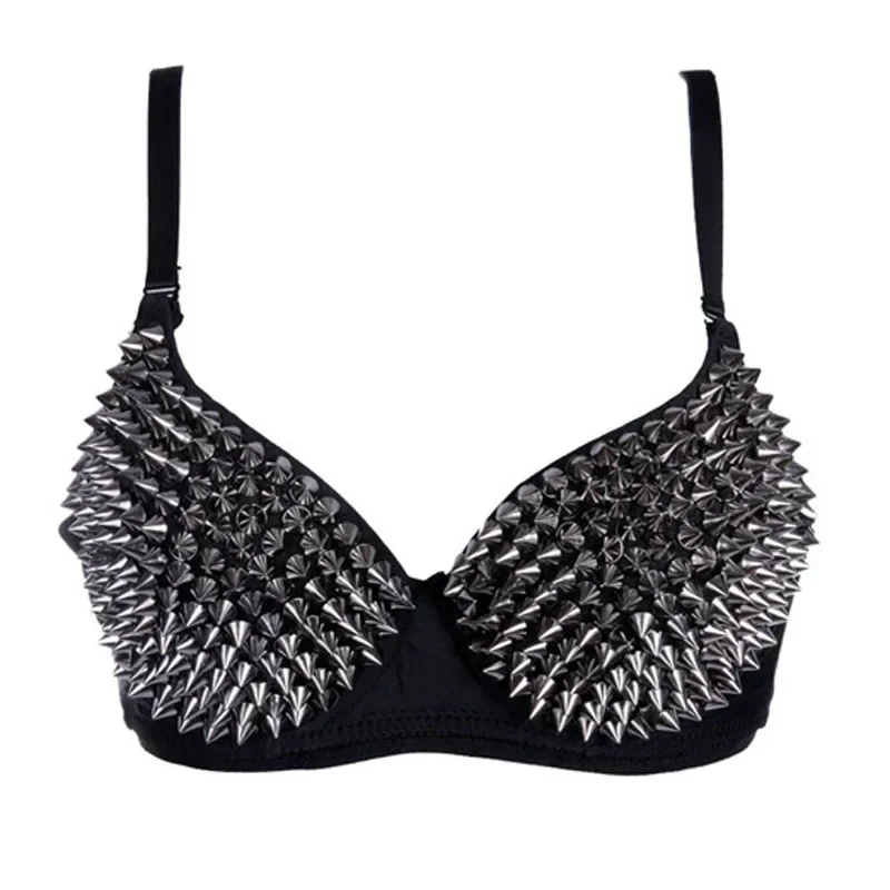 Silver Gothic Bra Top Rivet Rave Bralette Lingerie Sexy Push Up Punk Rock All-over Metallic Studded 