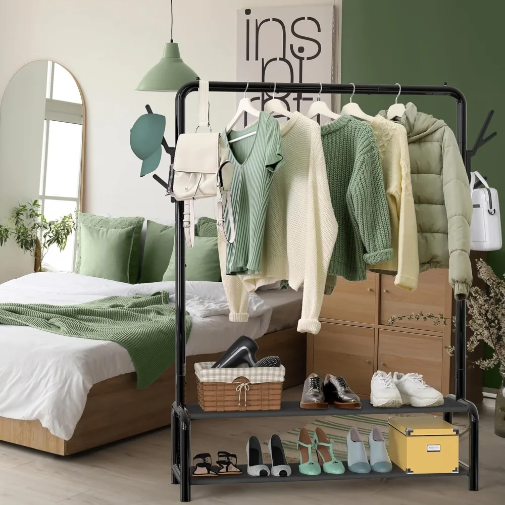 52-Inch Freestanding Closet Garment Rack with Storage Shelves & Hooks - Space-Saving Organizer for Home & Office
