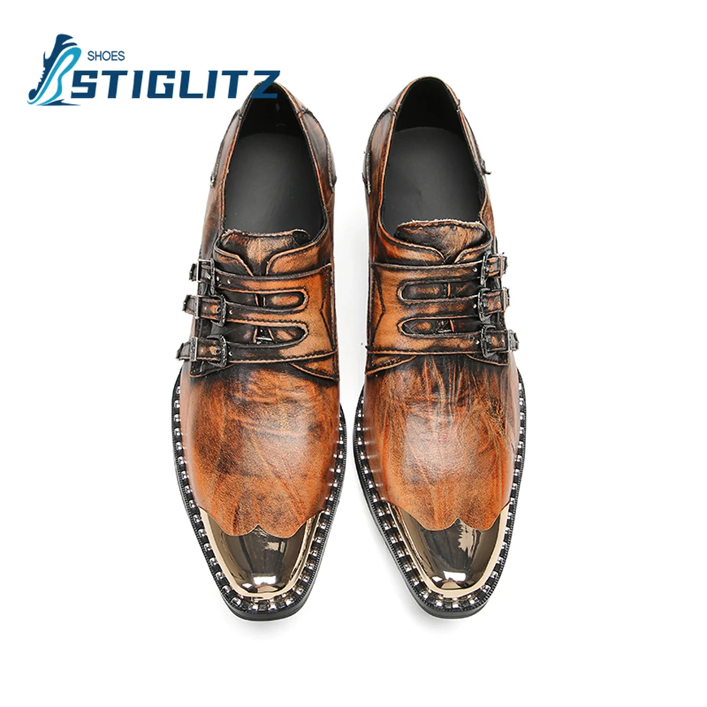 Zapatos de cuero genuino con hebillas de tres cinturones para hombre, mocasines Vintage, punta de Metal, tacón cuadrado, zapatos casuales Chelsea de